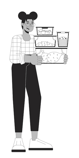 Ilustración plana de dibujos animados en blanco y negro que lleva contenedores de almacenamiento de alimentos