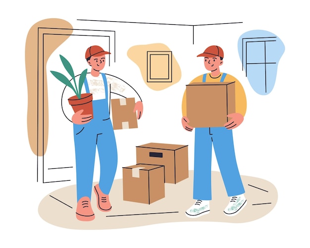 Ilustración plana de dibujos animados de dos hombres en uniforme que llevan cajas y un apartamento de plantas en maceta