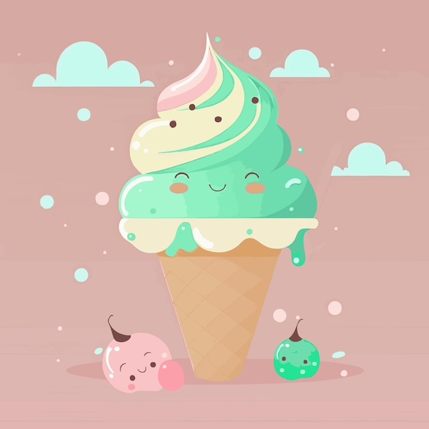 Ilustración plana de dibujos animados de helados hermosos y lindos en colores pastel