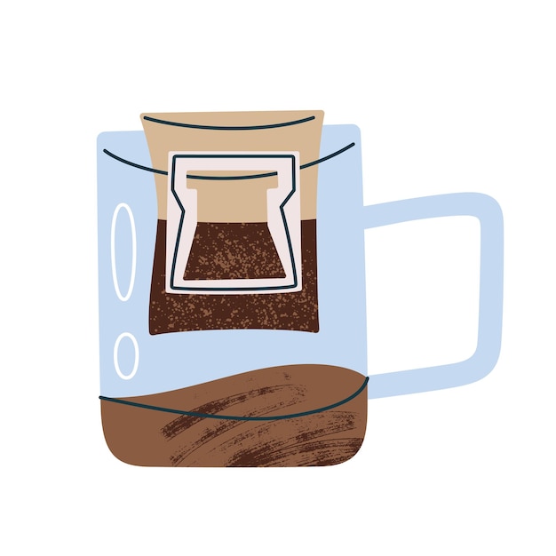 Ilustración plana de dibujos animados de taza de vidrio con bolsa de goteo para el oído colgada café dentro de una sola porción