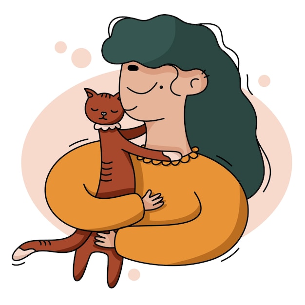 Ilustración plana de dibujos animados vectoriales chica con un gato chica abrazando a un gatito