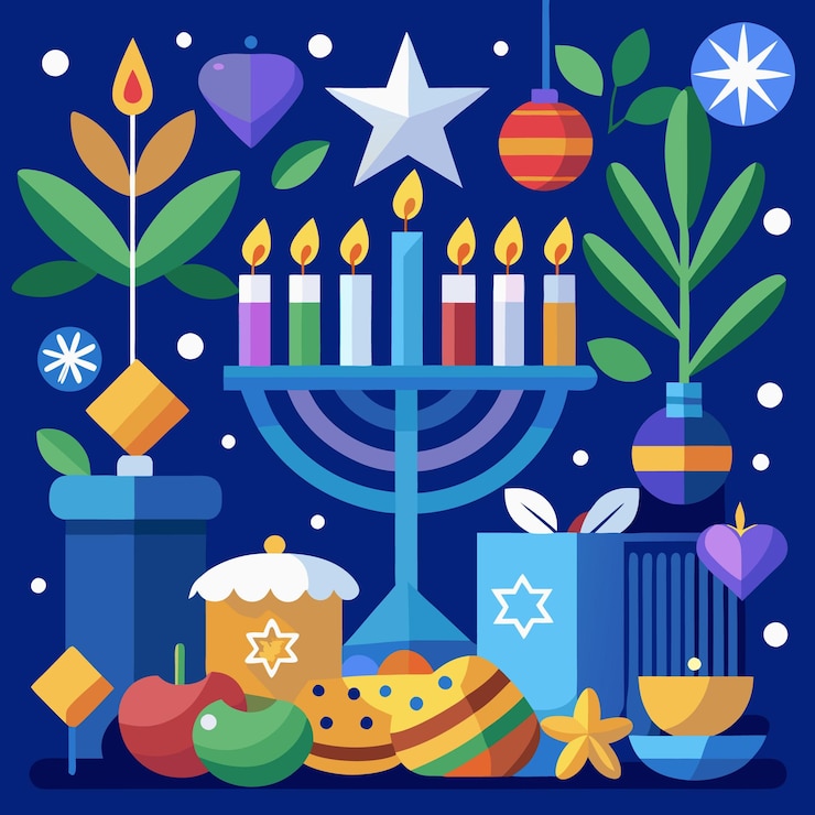 Vector ilustración plana del diseño de los elementos de la celebración de hanukkah con velas de menorá, dreidels, regalos y una estrella