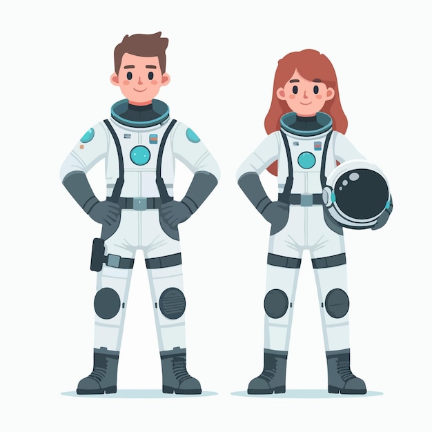 Vector ilustración plana de diseño de una joven pareja de astronautas con traje de escape de tripulación avanzado