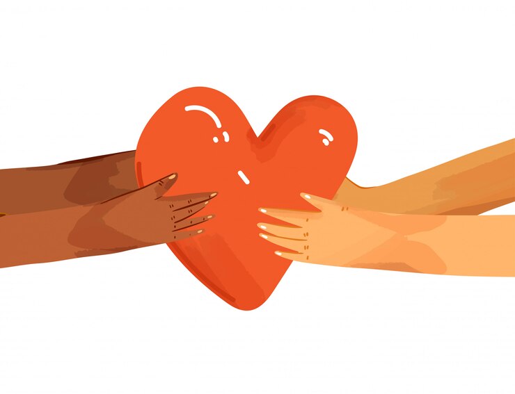 Ilustración plana de diversas personas que comparten el amor. Manos dando corazón.