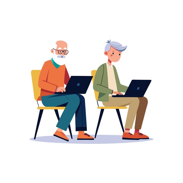 Vector una ilustración plana de dos ancianos sentados en una silla trabajando en una computadora portátil