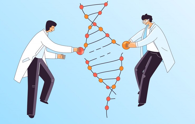 Vector ilustración plana de dos hombre científico, personajes haciendo el tratamiento del gen del adn genético. hombre reparando espiral de adn para terapia crispr, concepto.