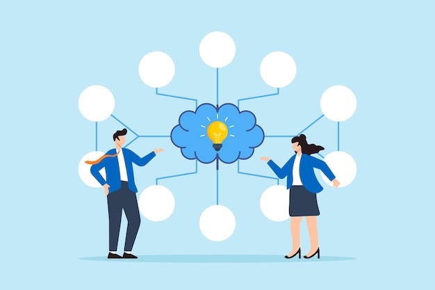 Ilustración plana de dos personas de negocios que presentan un diagrama de mapa mental y una bombilla pensando en la solución del plan de investigación visualizando la idea fácil de resolver problemas y tomar decisiones