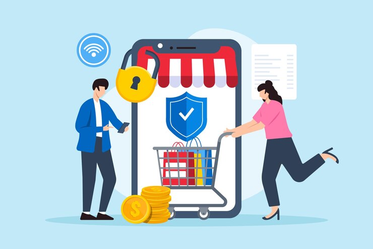 Vector ilustración plana de dos personas que aseguran la transacción de comercio electrónico protegiendo la información de pago