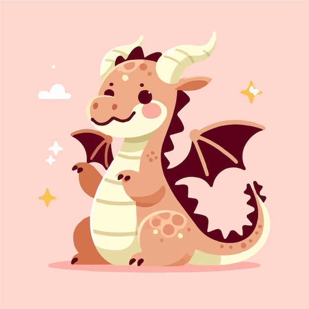 una ilustración plana de un dragón lindo con estilo kawaiii.