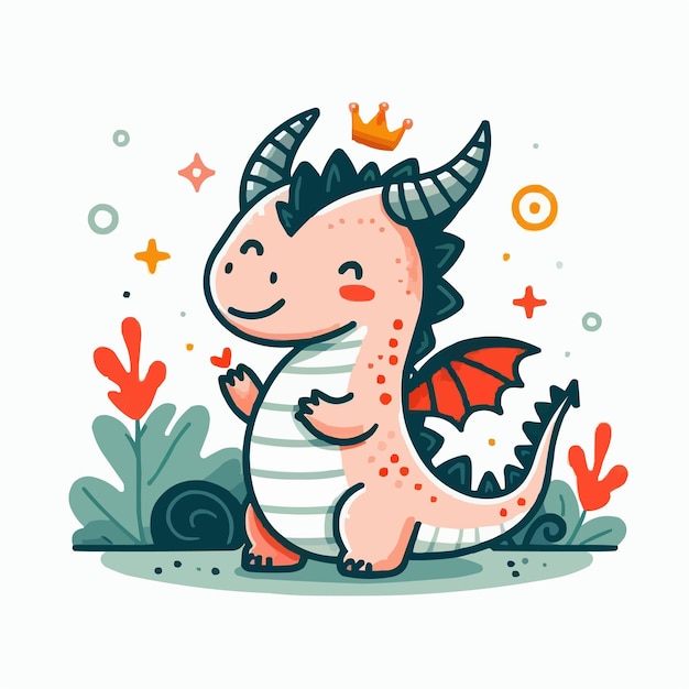 Una ilustración plana de un dragón lindo con estilo kawaiii.