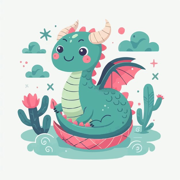 una ilustración plana de un dragón lindo con estilo kawaiii.