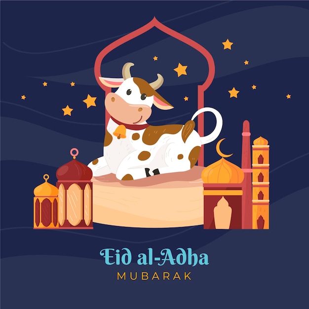 Vector ilustración plana de eid al-adha con vaca