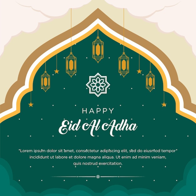 Ilustración plana de eid aladha con carnero y linternas