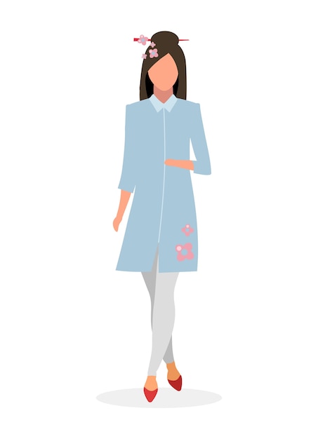 Ilustración plana elegante chica japonesa. Personaje de dibujos animados de mujer china de glamour aislado sobre fondo blanco. Señorita en vestido estilo kimono. Modelo de moda asiática con flores de sakura