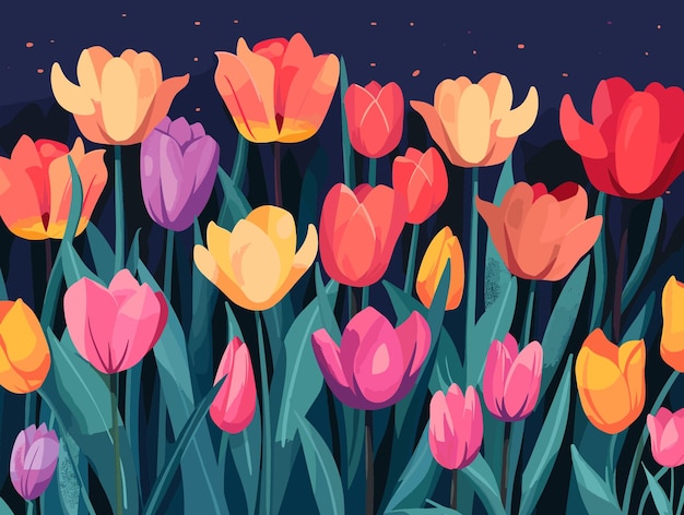 Ilustración plana y elegante con muchos tulipanes rojos, amarillos y claros sobre un fondo azul