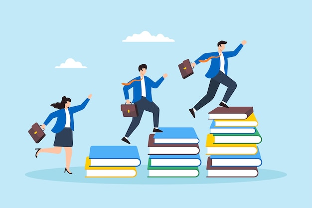Ilustración plana de un empleado corriendo sobre una pila de libros hacia el éxito que simboliza el conocimiento y la educación que ayudan al crecimiento del negocio
