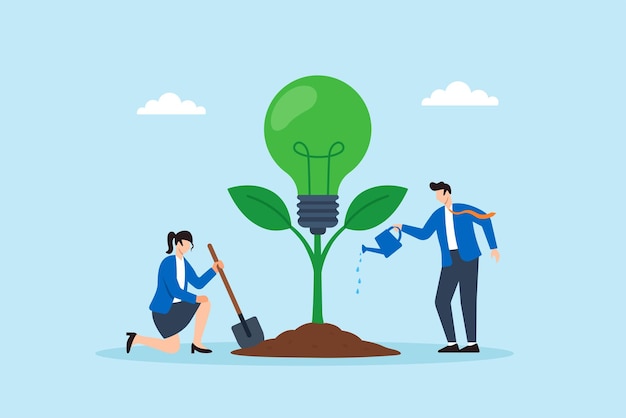 Ilustración plana de empleados plantando un árbol de bombilla verde en el suelo de la oficina que representa la cultura corporativa renovable
