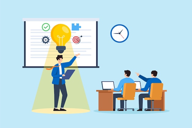Ilustración plana de un empresario que presenta una solución con una bombilla y iconos de proyectos en la pantalla durante la reunión del equipo y la presentación de la estrategia
