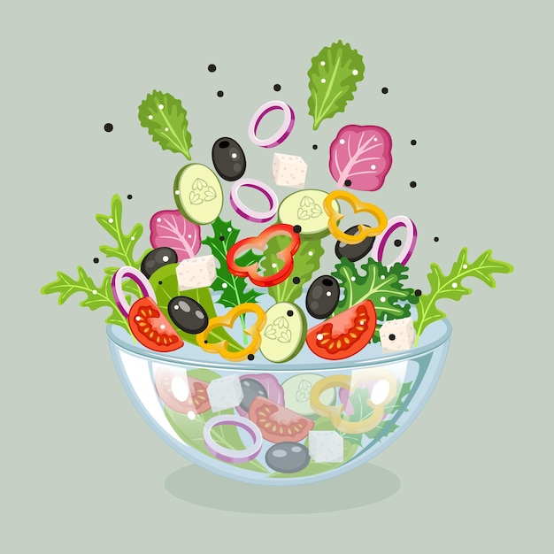 Ilustración plana de ensalada con verduras Diseño sencillo de iconos de dibujos animados Concepto de alimentos de alimentación saludable Vector de stock aislado en fondo blanco