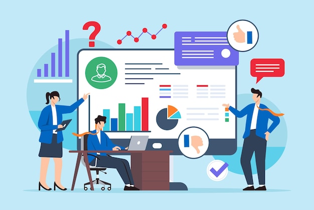 Ilustración plana de un equipo evaluando los datos de la encuesta para resolver problemas de servicio al cliente en una pantalla de computadora
