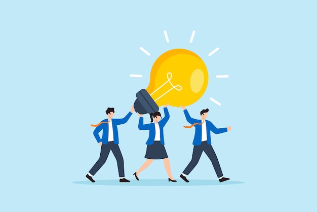 Ilustración plana de un equipo de negocios llevando una bombilla encendida juntos para representar el trabajo en equipo, la creatividad, la innovación y las ideas compartidas