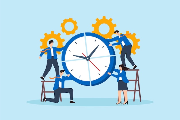 Ilustración plana de un equipo de negocios montando un reloj gigante para simbolizar el trabajo en equipo, la productividad de la gestión del tiempo y la coordinación de tareas