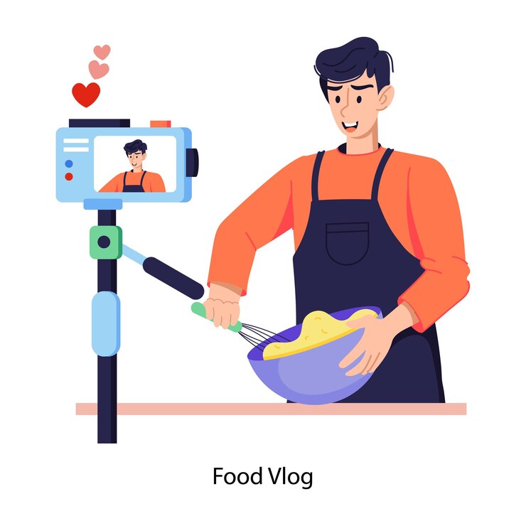 Vector ilustración plana escalable para grabar un vlog de comida