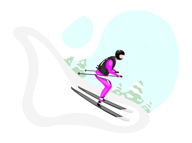 Ilustración plana de esquí alpino. Deportes extremos de invierno. Estilo de vida activo. Actividades al aire libre en la montaña nevada. Deportista en esquís personaje de dibujos animados aislado sobre fondo azul