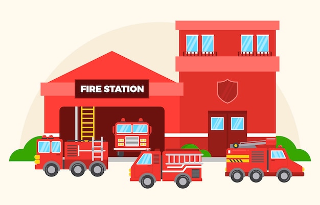 Vector ilustración plana de la estación de bomberos