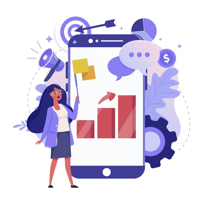 Ilustración plana de estadísticas en línea y análisis móvil. Diseño de color de análisis de datos comerciales. Mujer con smartphone y informe gráfico en pantalla colorida metáfora, aislada sobre fondo blanco.