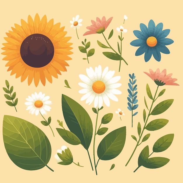 Ilustración plana de una flor de margarita y girasol