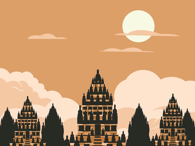 Ilustración plana de fondo del templo de Prambanan y ilustración de la pancarta