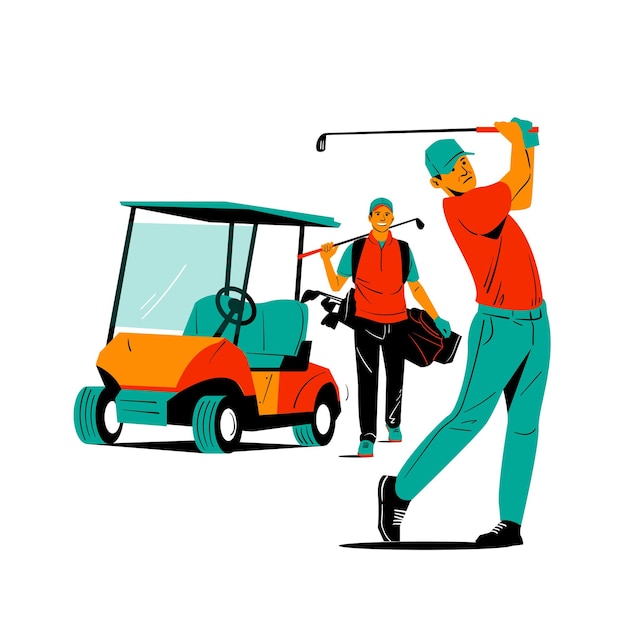 Vector ilustración plana golfistas de swing y buggy aislados