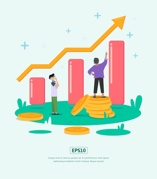 Vector ilustración plana grow business con estadísticas ilustración carácter moneda dólar para negocios