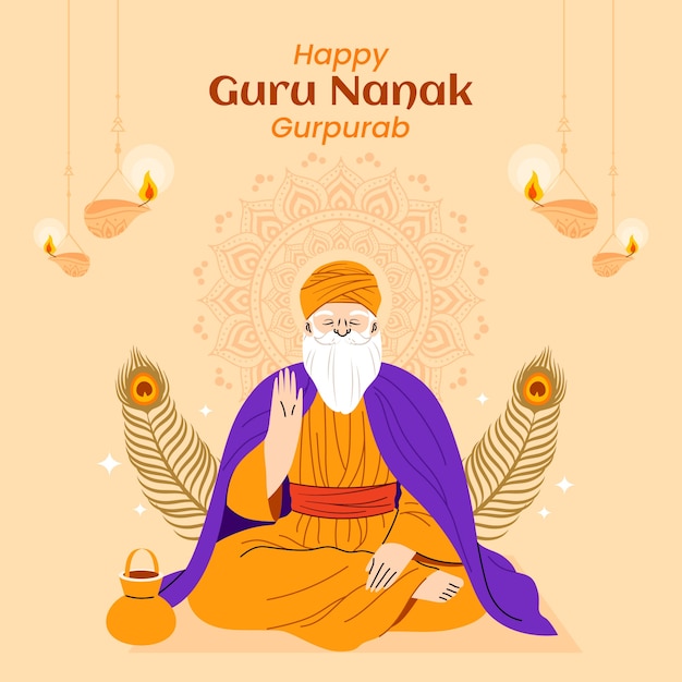Ilustración plana de gurú nanak gurpurab