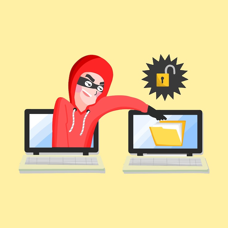 Vector ilustración plana de hacker en la computadora portátil