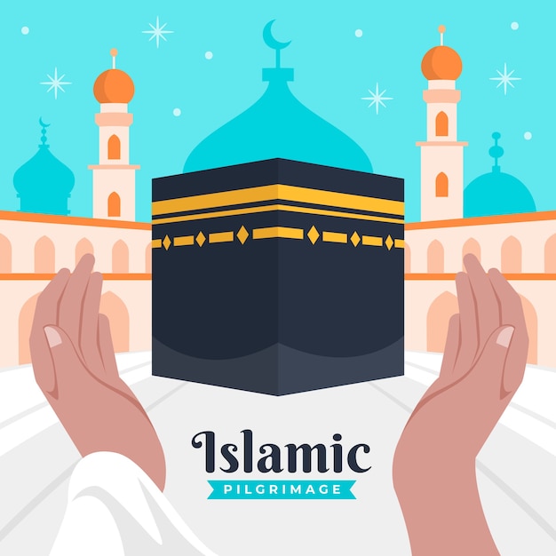 Vector ilustración plana de hajj con la meca y las manos