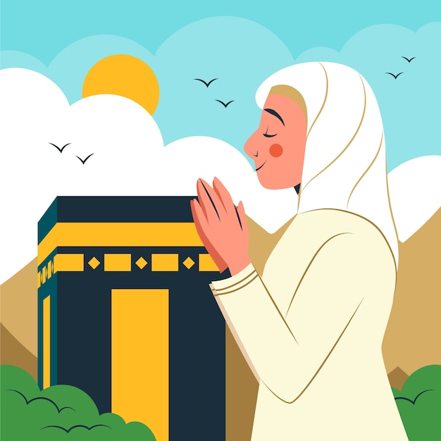 Ilustración plana de hajj con persona rezando