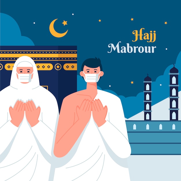 Vector ilustración plana de hajj con personas rezando y la meca