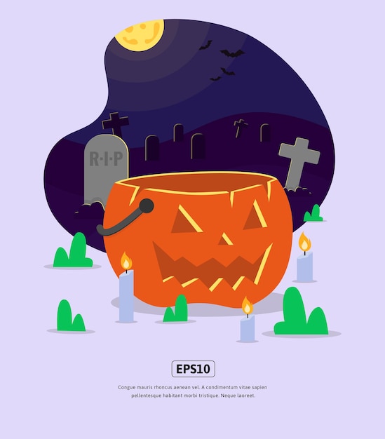 Ilustración plana, halloween con calabaza y lápida para diseño web, aplicación, infografía, impresión, etc.