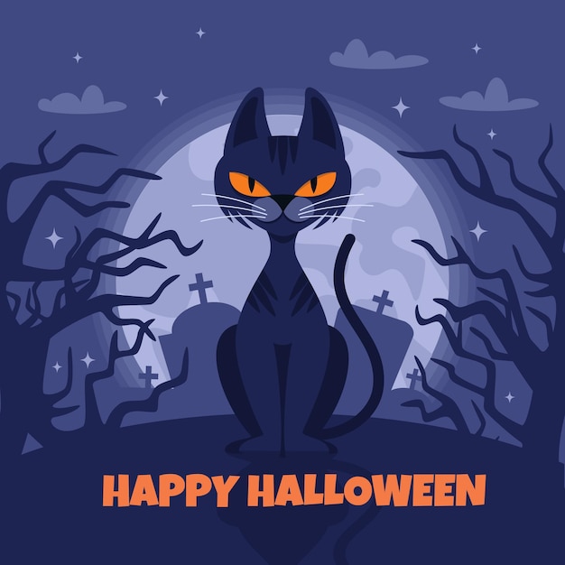 Ilustración plana de halloween con gato