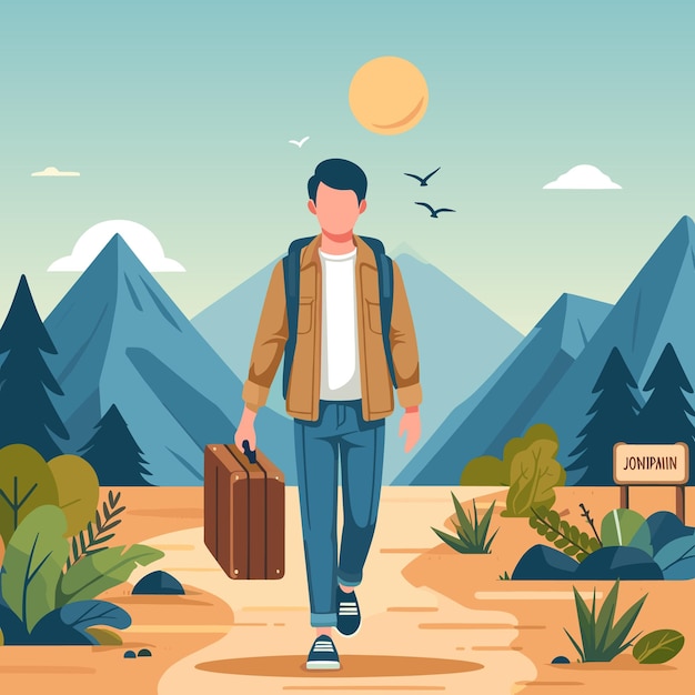 Ilustración plana de un hombre caminando en el bosque con una mochila