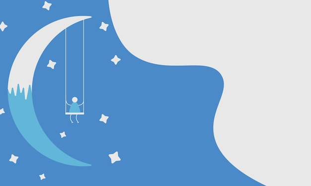 Ilustración plana de un hombre colgando de un columpio con una luna y estrellas