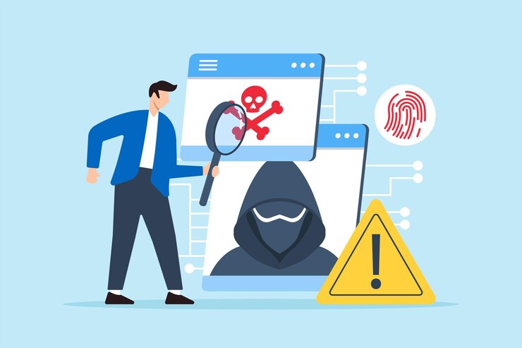 Vector ilustración plana de un hombre investigando amenazas cibernéticas y ataques digitales con lupa