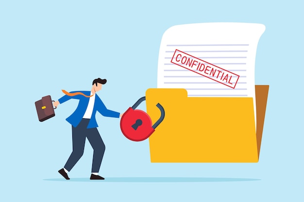 Ilustración plana de un hombre de negocios cerrando una carpeta de archivos de documentos con un candado que representa la confidencialidad y la protección de la privacidad