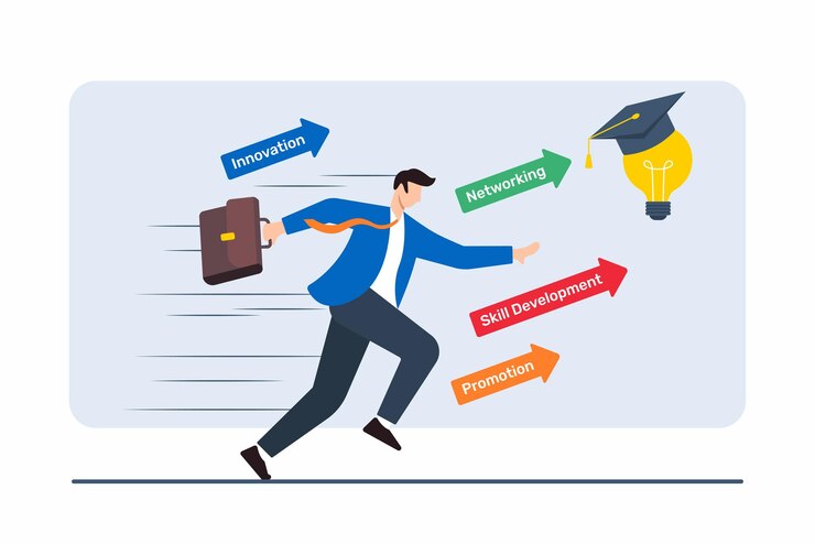 Vector ilustración plana de un hombre de negocios corriendo a través de una serie de flechas rápido progreso profesional y elecciones