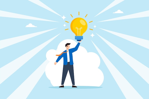 Ilustración plana de un hombre de negocios desbloqueando una idea brillante que simboliza la inspiración creativa y el momento de avance