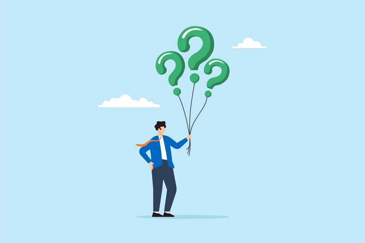 Vector ilustración plana de un hombre de negocios dudoso que sostiene un signo de pregunta, un globo que encuentra y busca una solución, una respuesta y resuelve un problema.