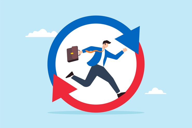 Vector ilustración plana del hombre de negocios ejecuta en círculo diagrama de flecha hábito de trabajo ciclo de vida rutina diaria procedimiento o proceso de eficiencia para el éxito