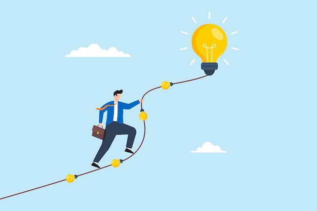 Ilustración plana de un hombre de negocios escalando una cuerda hecha de bombillas brillantes hacia el pico de la gran solución que representa el progreso impulsado por expertos y el éxito inspirador